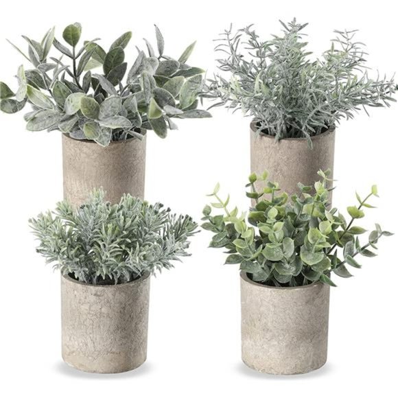 Mini Potted Fake Plants Faux Artificial Eucalyptus Boxwood Rosemary Greenery - Picture 1 of 6